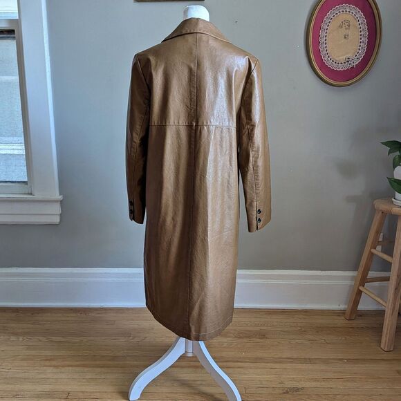 Vintage Y2K Dianzhi Faux Leather Trench Coat Jacket Longline Brown Size 11 - Picture 2 of 12
